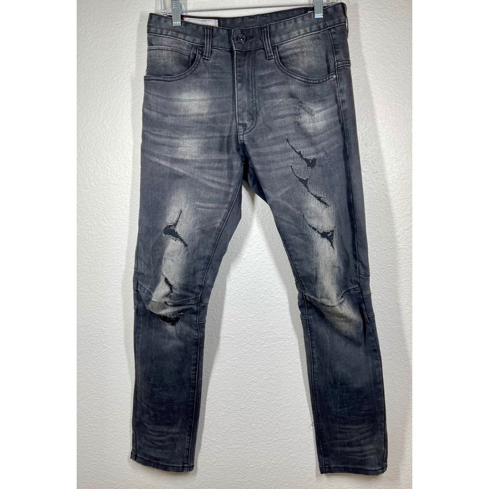 Smoke Rise Moto Distressed Black Gray Jeans Mens Size 32x32 Slim Fit Denim